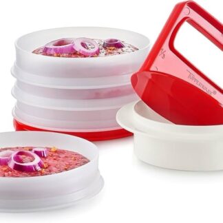 New Tupperware Hamburger Press Keeper Set Red White Patty Maker